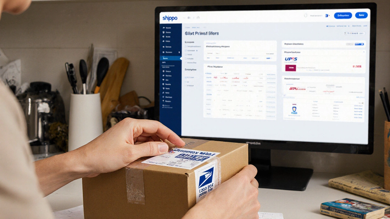 Small business seller packing a USPS shipment with digital logistics dashboard in background.