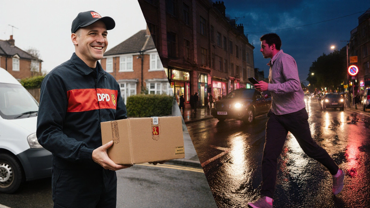 Split image: employed courier handing package vs. self-employed driver in London rush.