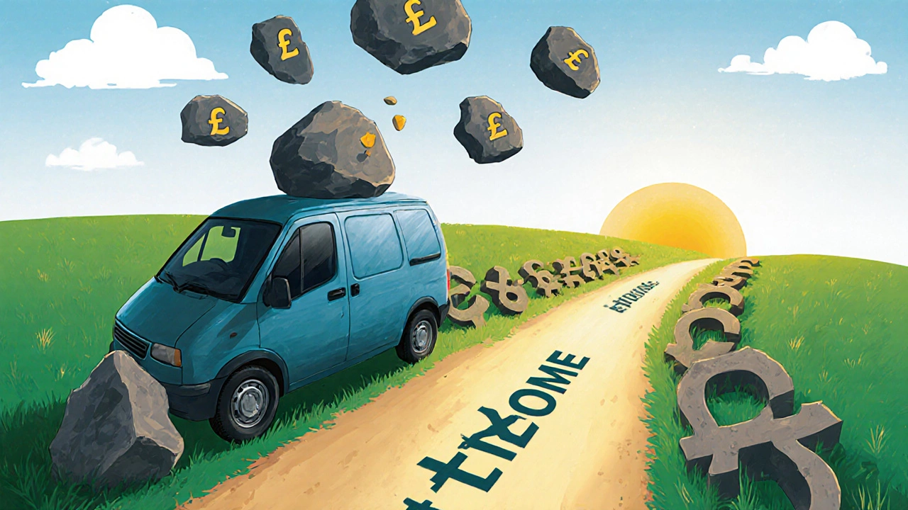 Van on road of pound signs with expenses falling as stones, net income path ahead.