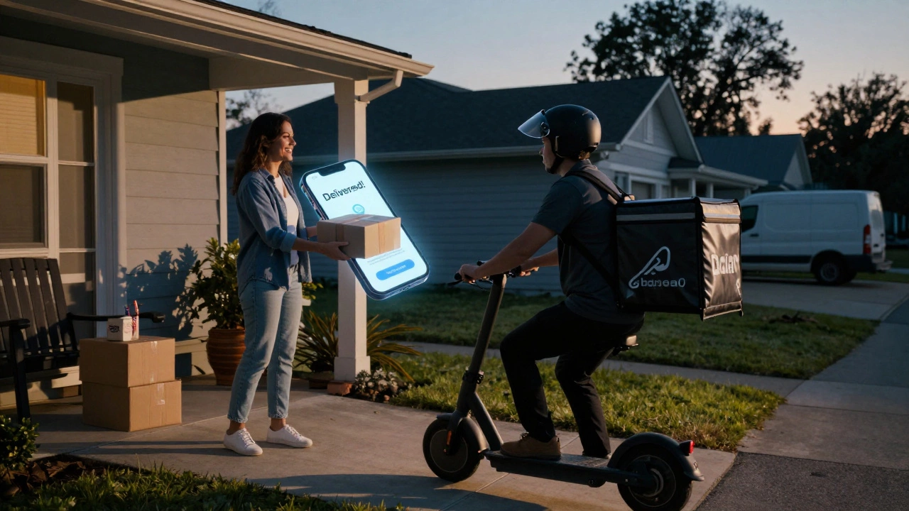 A DoorDash rider delivers a package to a customer on their porch at dusk.