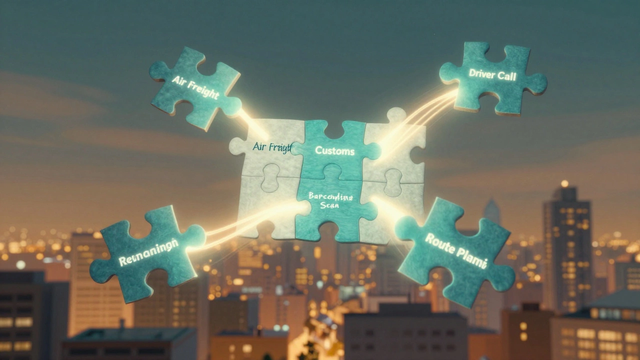 A floating logistics puzzle with interconnected parts representing supply chain steps.