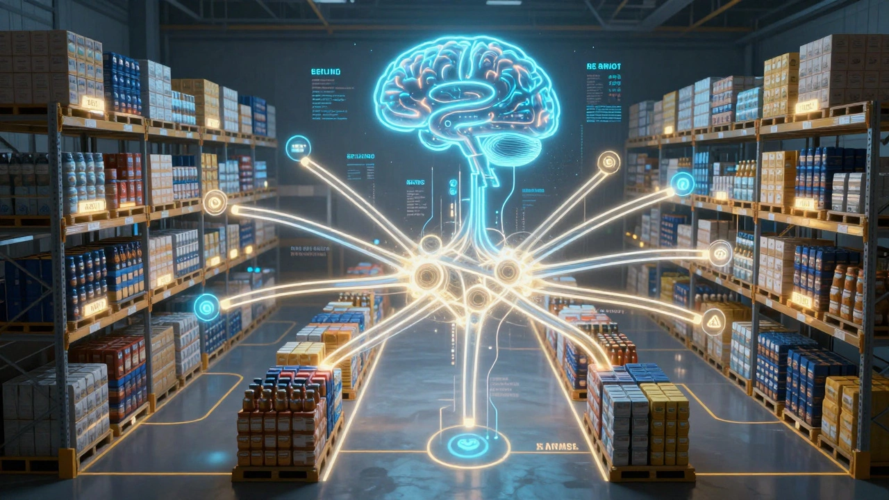 A neural network of glowing pathways connects product bins in a smart warehouse, symbolizing real-time inventory tracking.