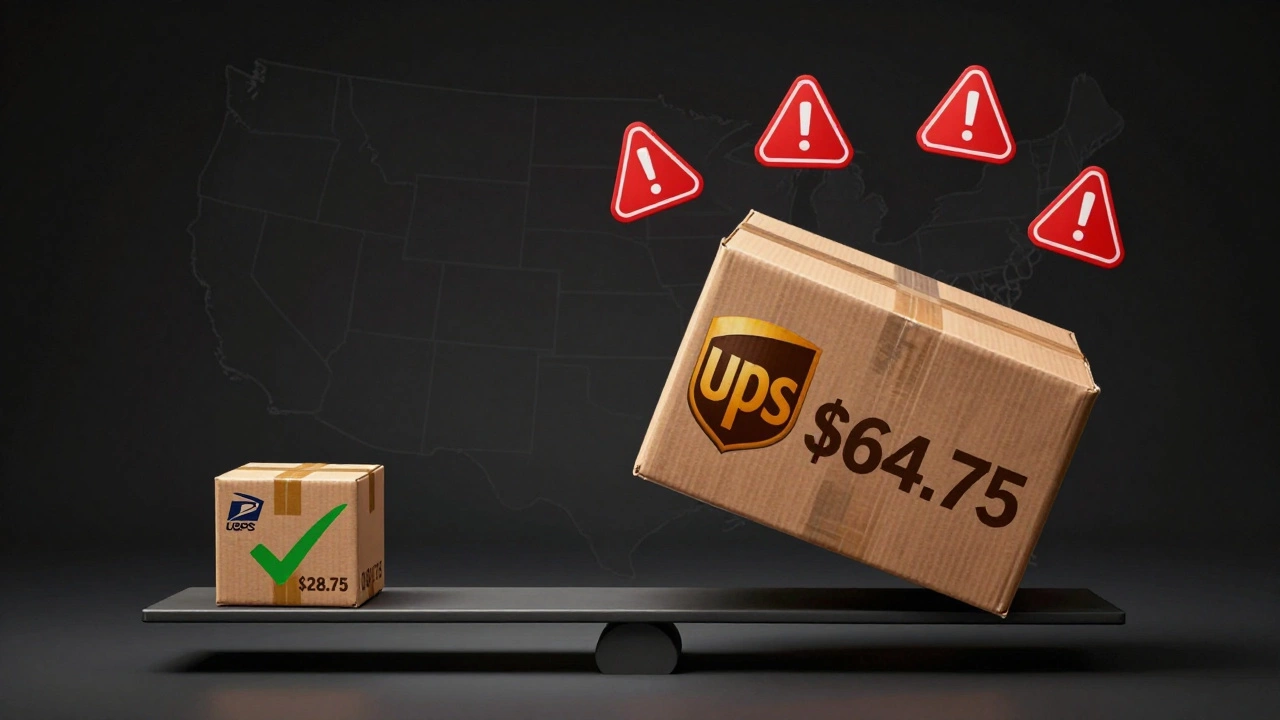 A scale comparing a low-cost USPS package versus an expensive UPS package with surcharge icons floating above the heavier side.