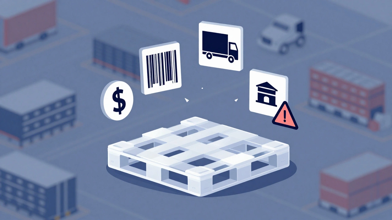 A transparent pallet with floating cost icons representing freight, labeling, and fees, set against a blurred grid of Amazon warehouses.
