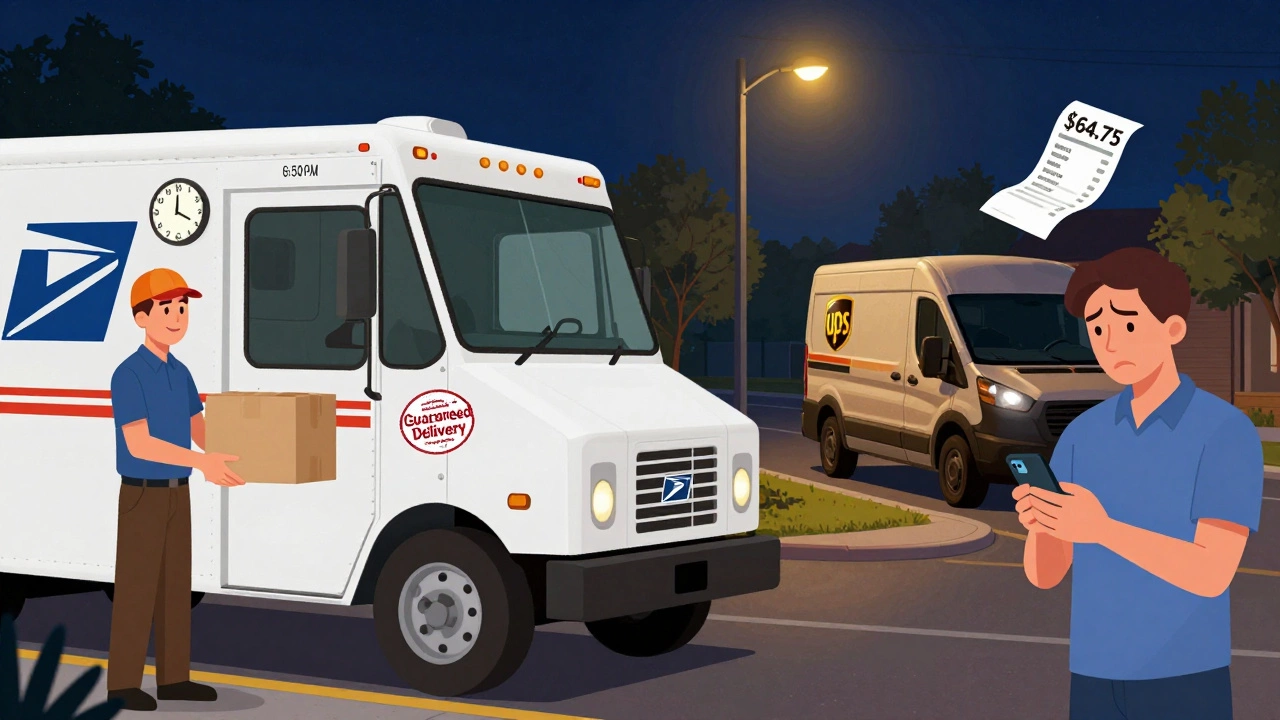 A USPS delivery person handing a package to a homeowner at 5:55 p.m. while a UPS van is seen far away at 8:15 p.m. with a delayed delivery notice.