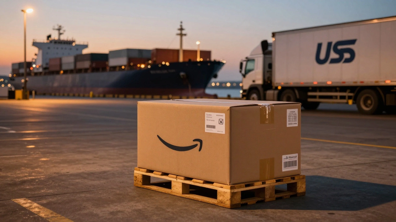 An international shipping dock at dusk with a pallet ready for transport to the U.S., under ambient lighting and distant cargo ship.