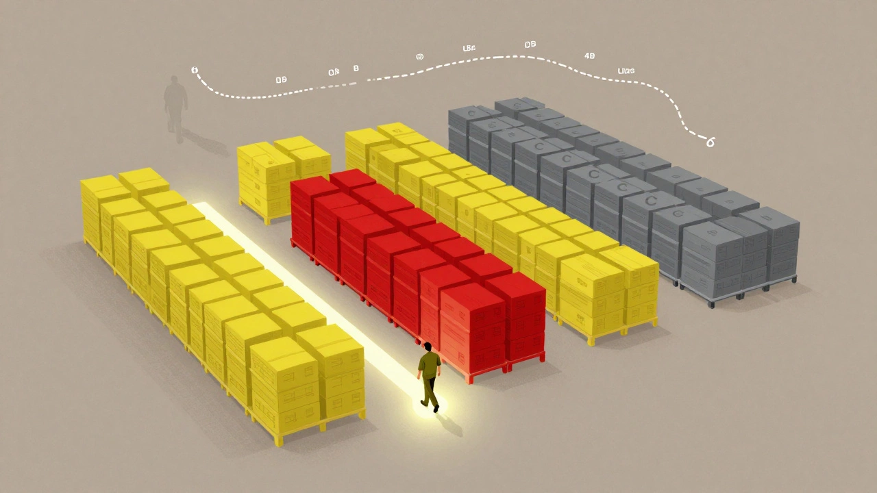 Color-coded warehouse layout showing fast-moving items near center and slow-moving at back.