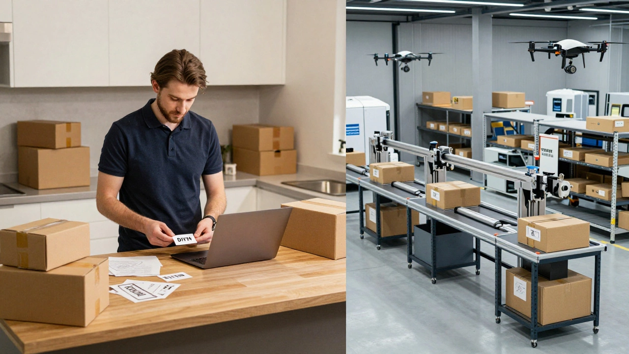 Contrast between home-based seller and professional fulfillment center handling online orders.