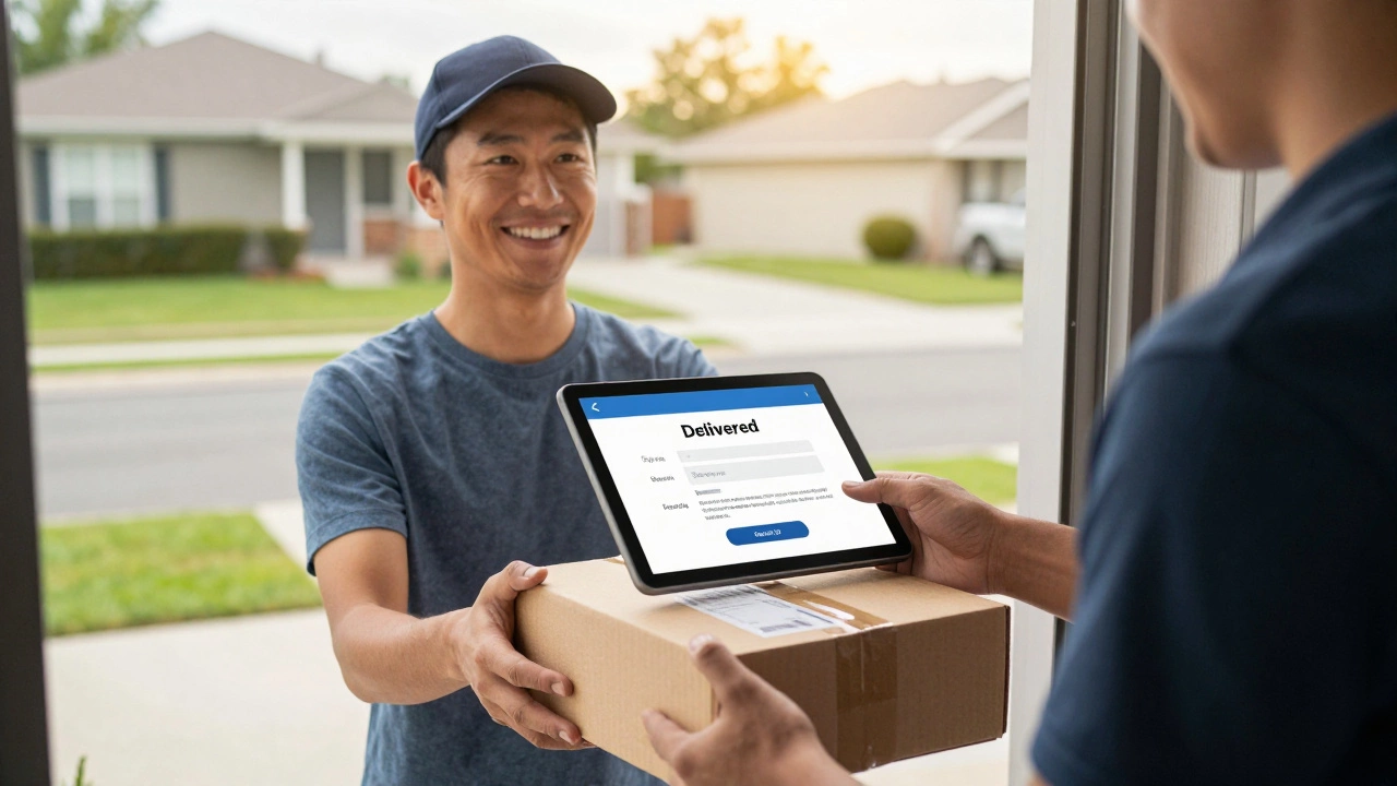 Customer receiving a package with return label, smiling at delivery person at home doorstep.