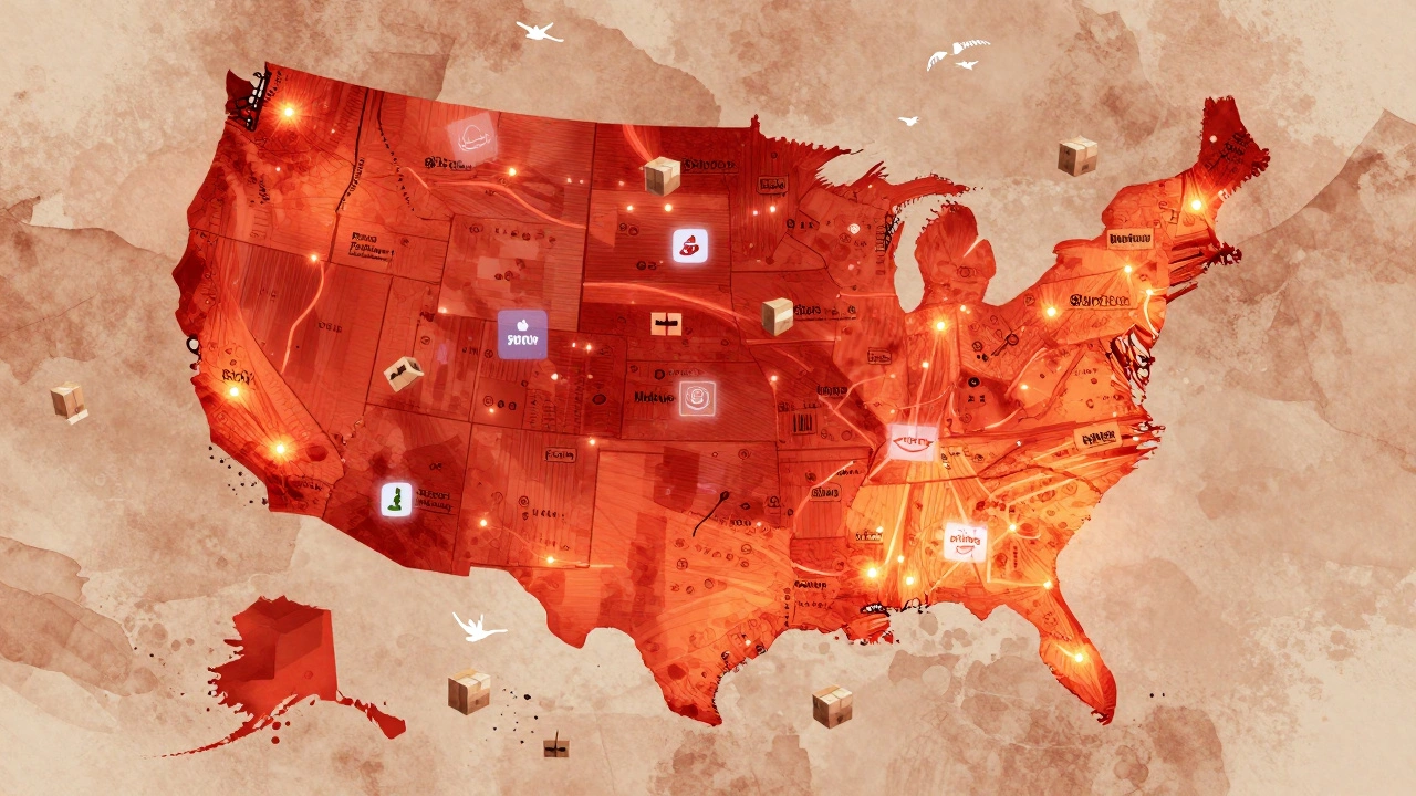 Glowing delivery routes on a U.S. map connecting fulfillment centers with e-commerce platforms.