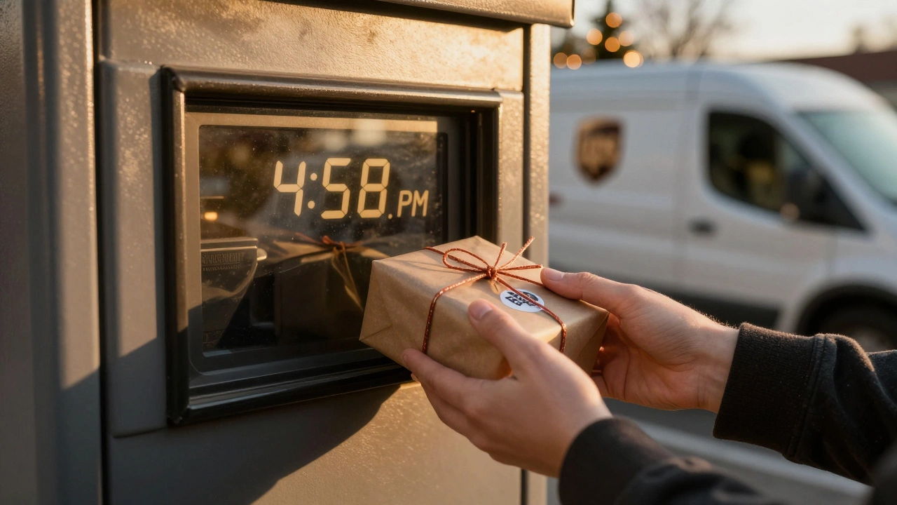 Hand placing a wrapped gift into a UPS drop box just before 5 PM with golden hour lighting.