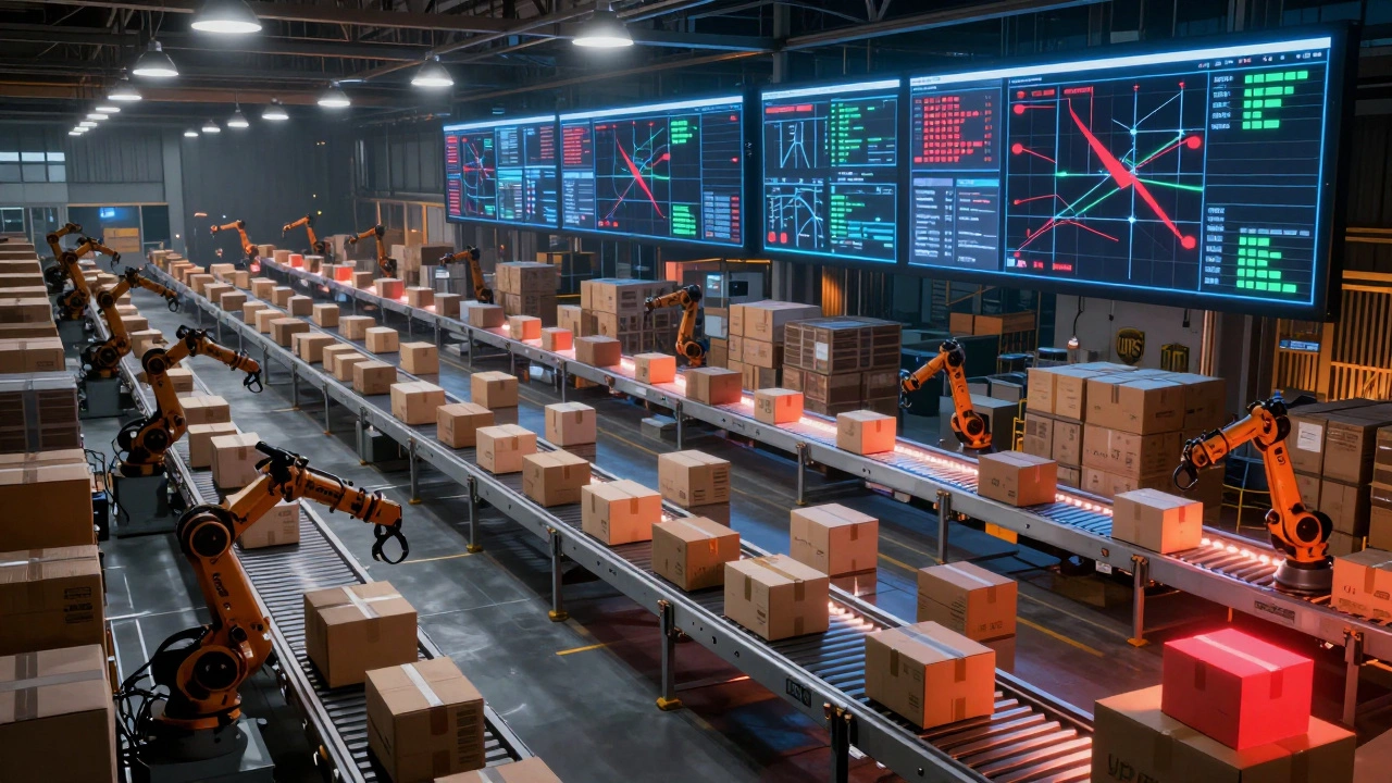 Nighttime view of a massive UPS logistics center with glowing conveyor belts and real-time tracking screens.