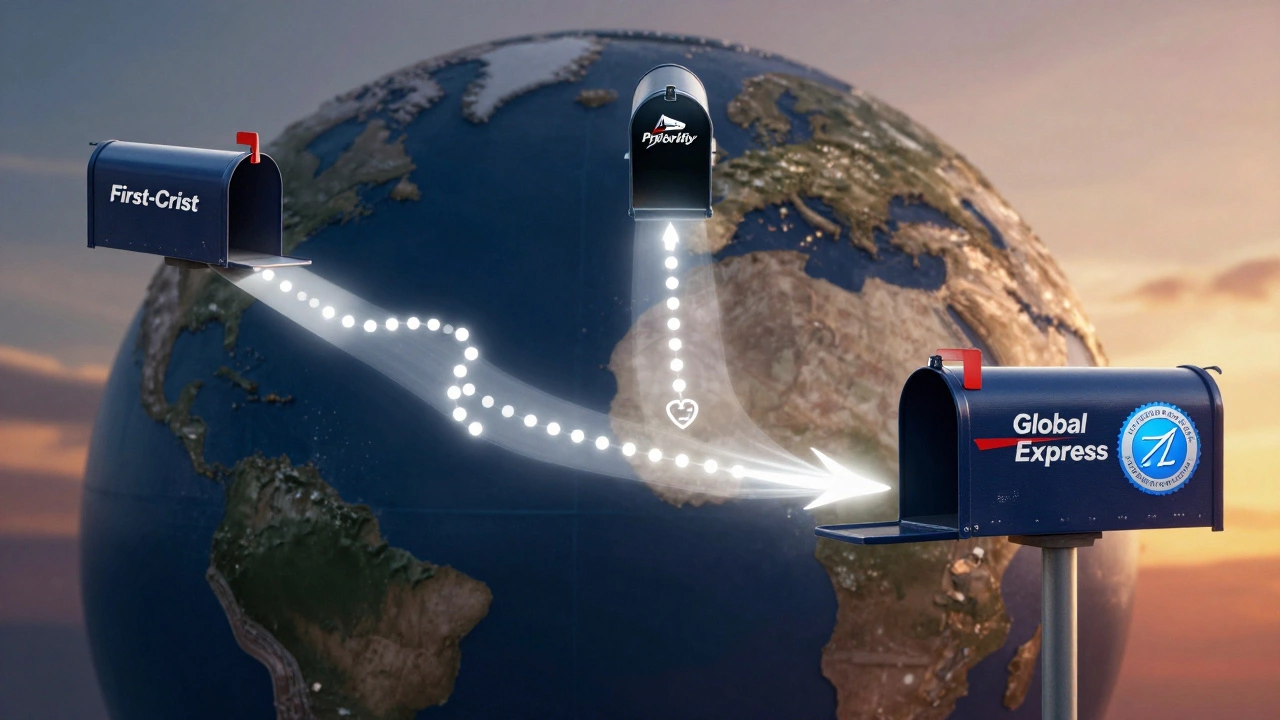 Three shipping pathways from a USPS mailbox representing First-Class, Priority Mail, and Global Express services.