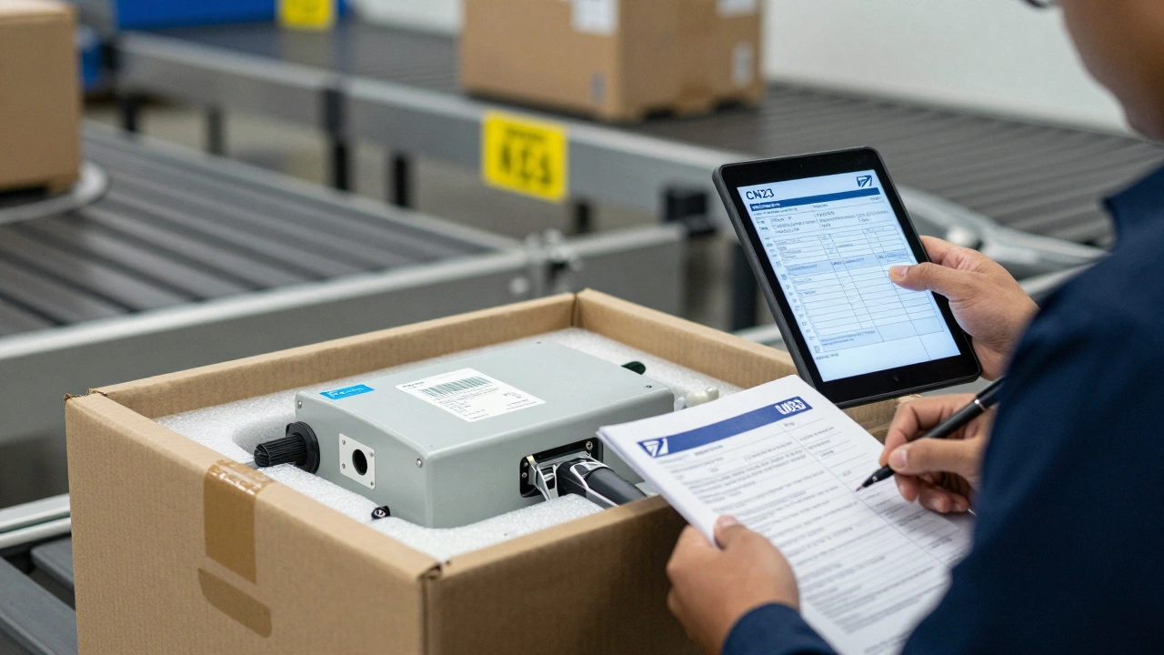 USPS employee scanning a medical device package with customs form during international shipping processing.