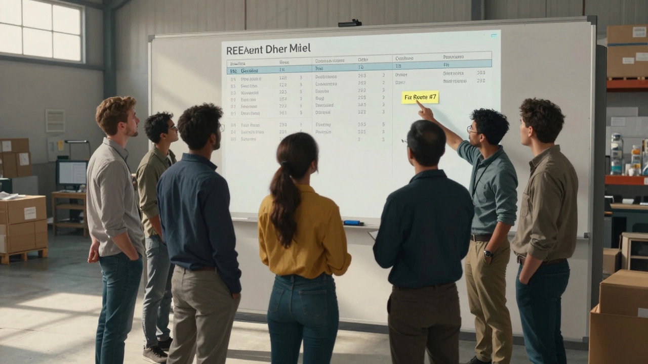 Warehouse team in a huddle around a whiteboard tracking daily orders and delays.