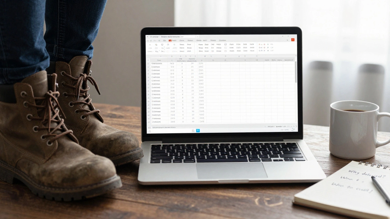Work boots and laptop showing a simple shipment tracking spreadsheet on a desk.
