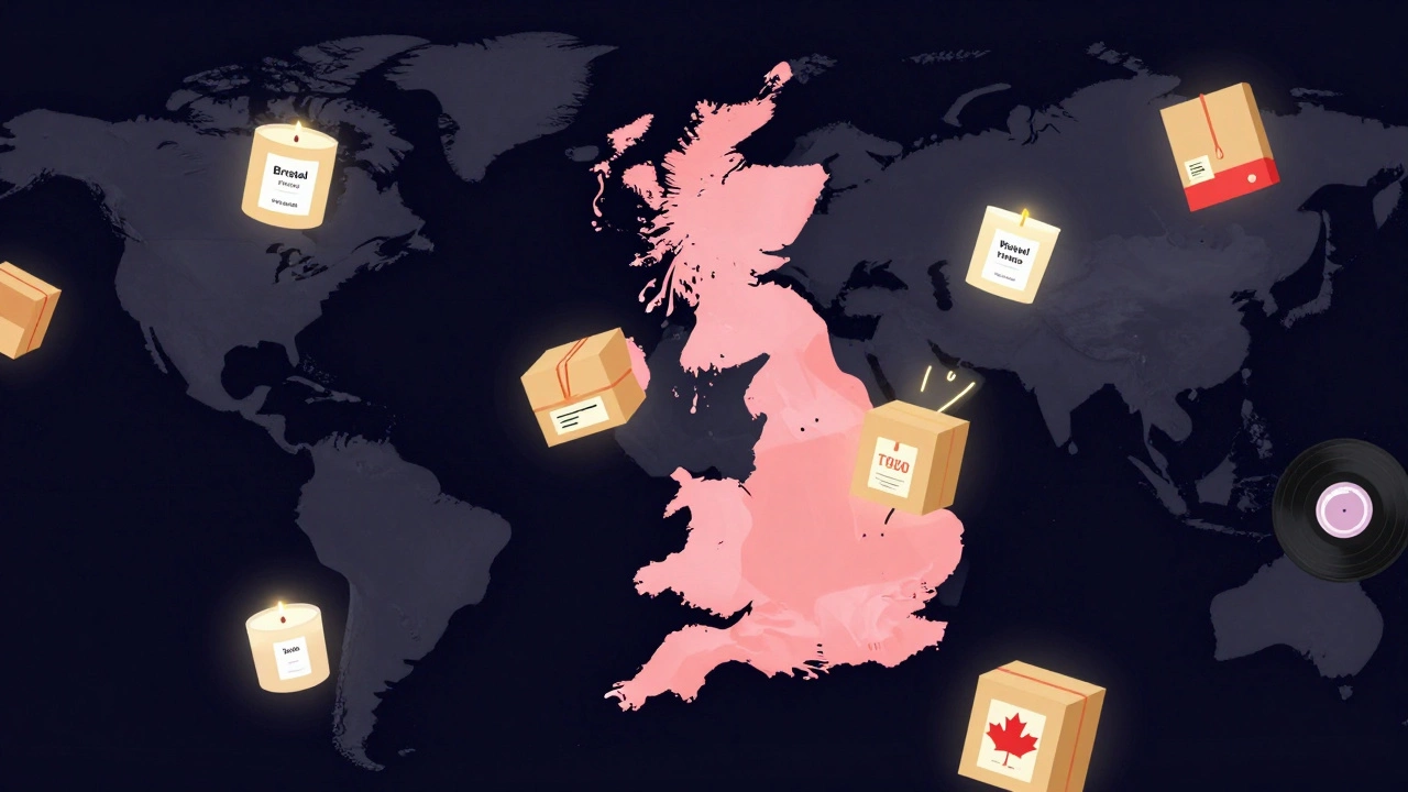 Animated packages traveling globally from a UK marketplace to international destinations.