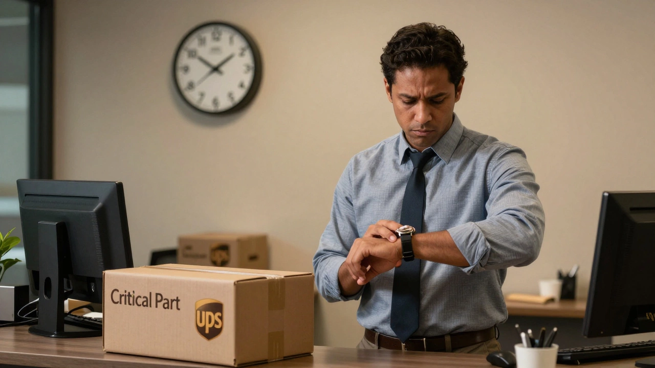 Business owner checking watch beside UPS box as cutoff time approaches.