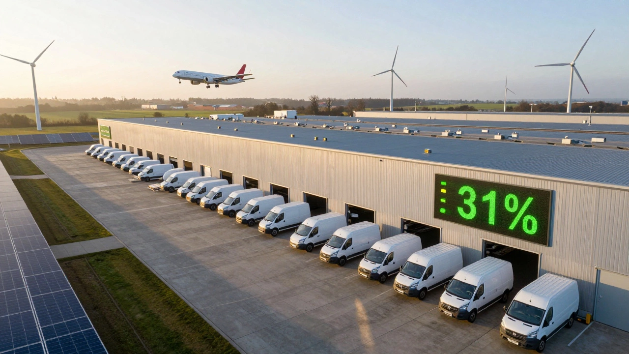 Eco-friendly logistics hub at dawn with electric vans and carbon reduction metrics visible.