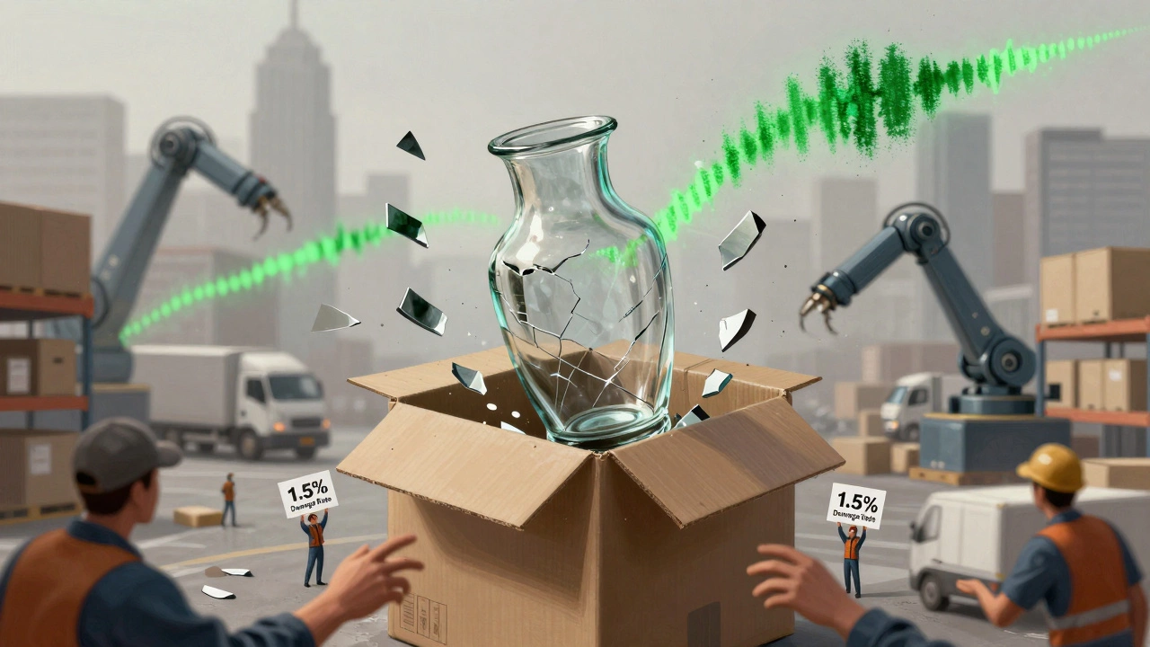 Fragile vase breaking as it's mishandled by anonymous courier system workers.