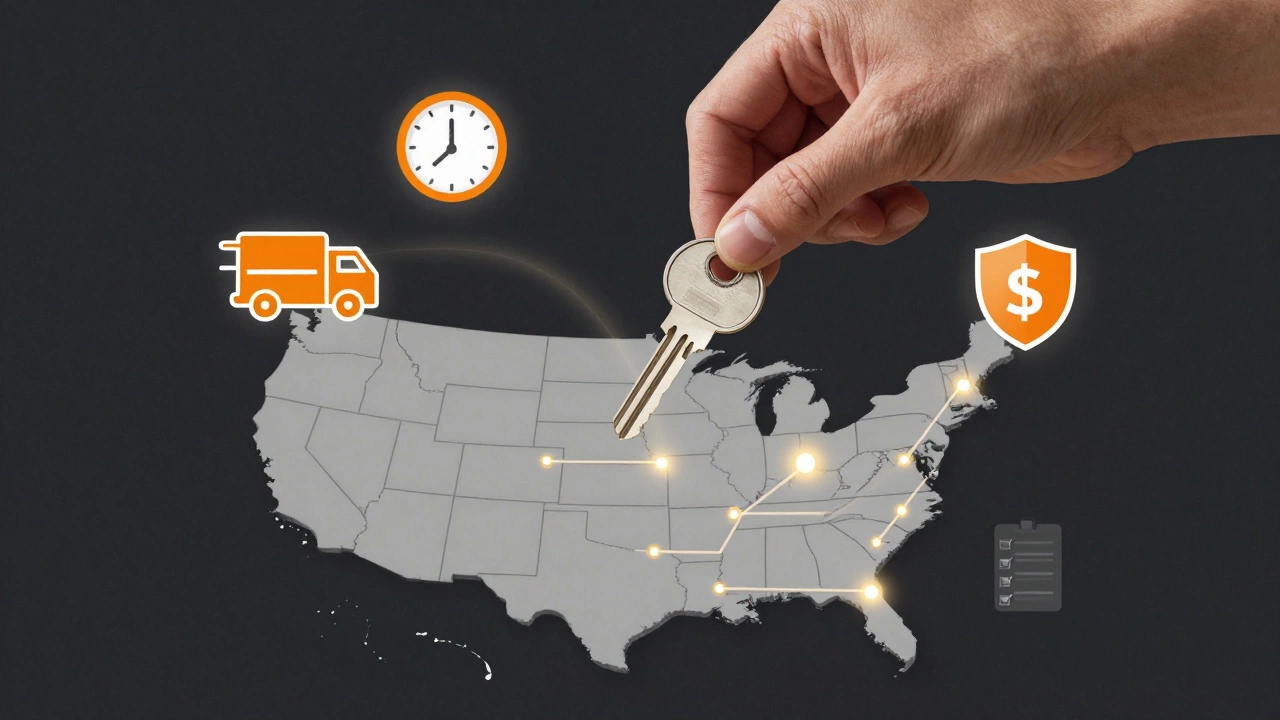 Hand holding a key made of delivery routes and dollar signs above a map with Amazon icons floating around.