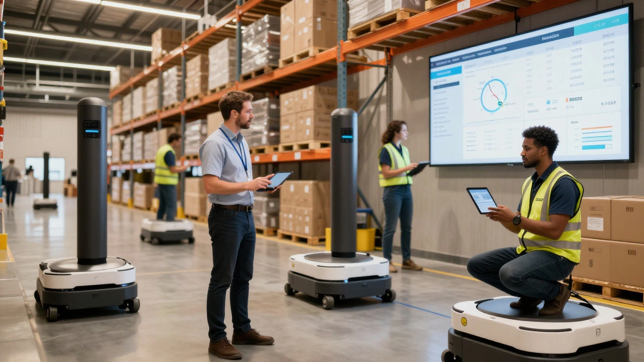 Logistics team working alongside automated robots in a high-tech warehouse.