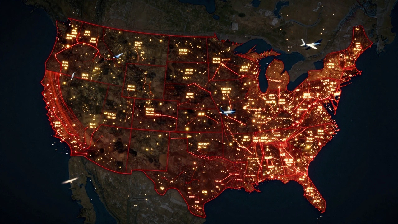Nighttime map of U.S. with glowing UPS delivery routes and time markers.