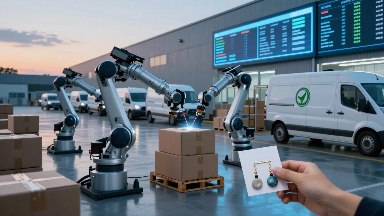 Robotic warehouse sorting packages for eco-friendly delivery with tracking screens visible.