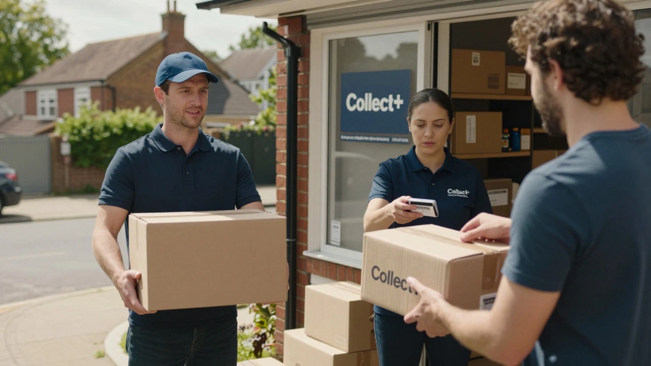 A courier driver picking up a crate while another customer drops off a package at a local parcel shop.