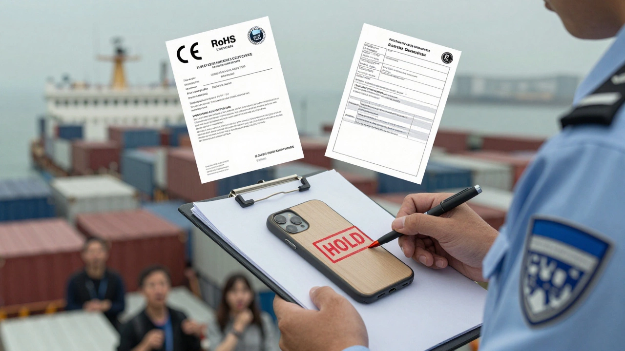 A customs officer stamping a package as held, with compliance documents floating nearby in a chaotic shipping environment.