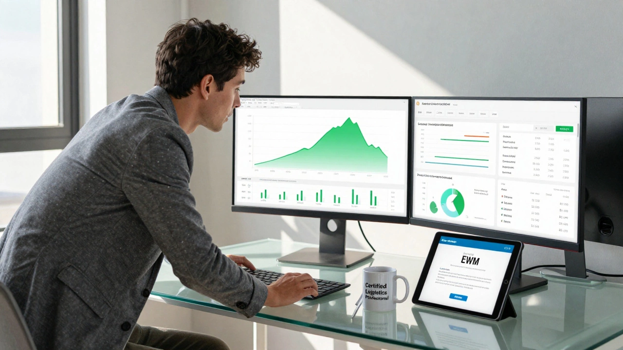 A logistics specialist analyzes supply chain data on multiple monitors in a sunlit modern office.