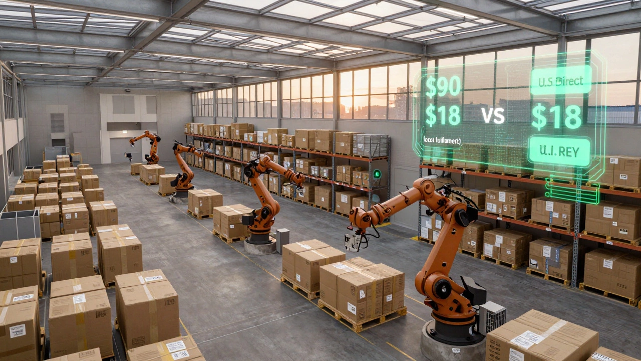 A modern warehouse in Poland sorting packages for European delivery with digital cost comparison displayed overhead.