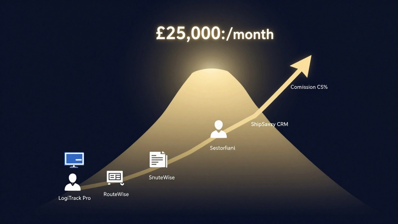 A symbolic path of client icons and digital tools leading to a high-income summit.