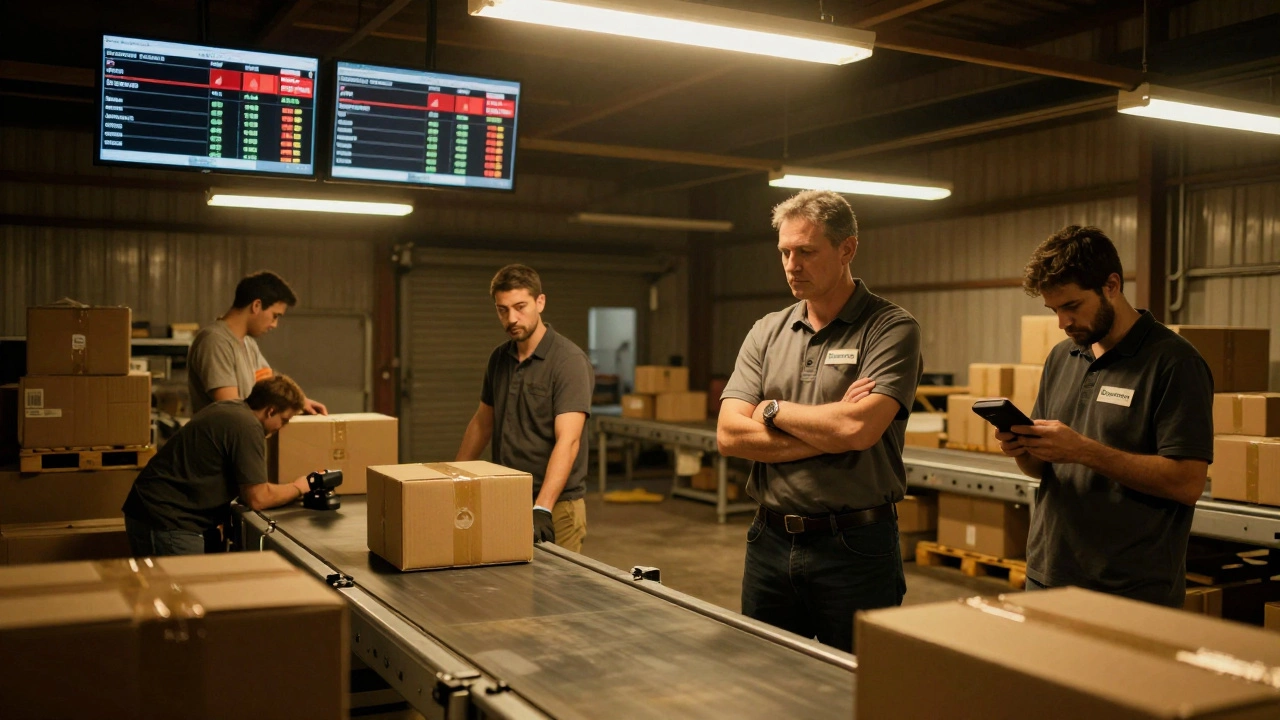 A warehouse supervisor watches workers under fluorescent lights while digital quota alerts flash on overhead screens.