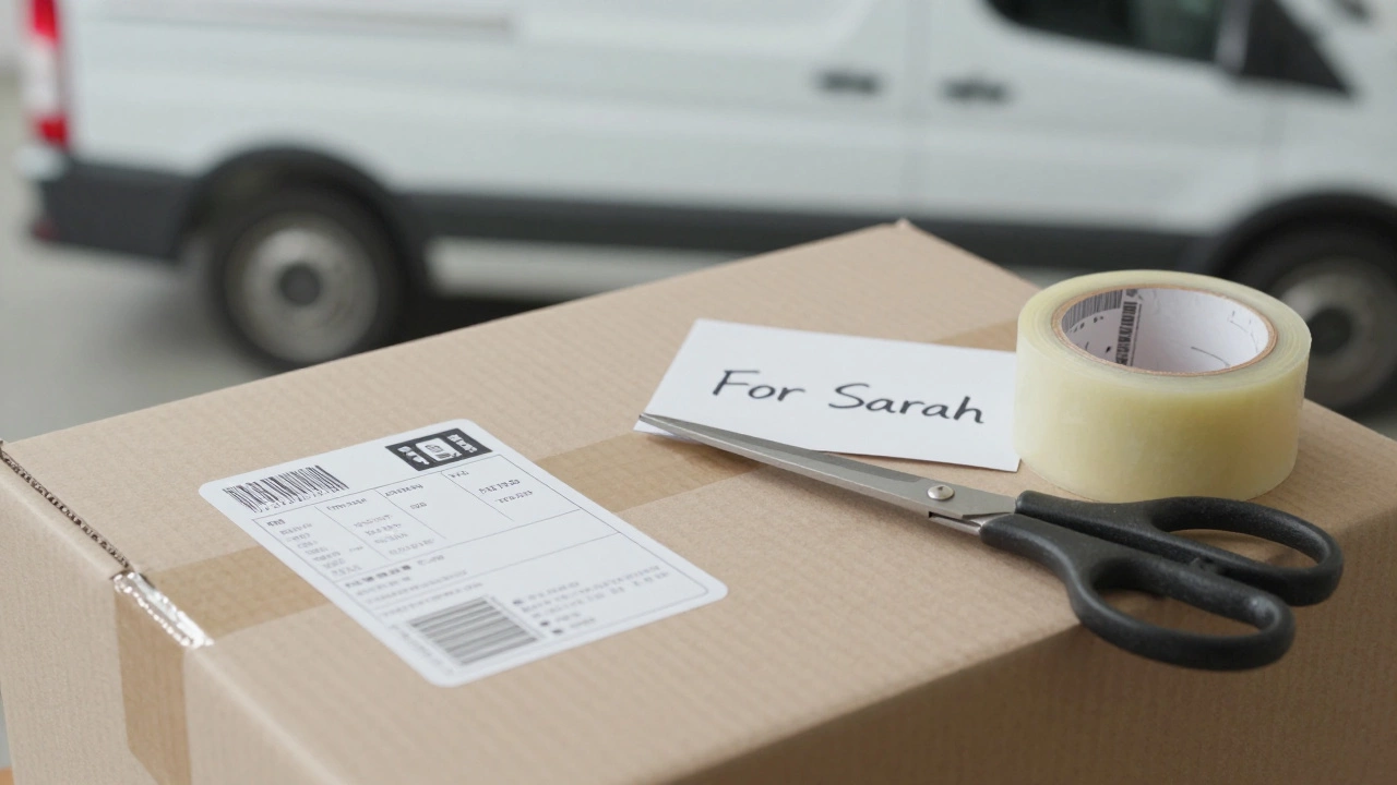 An overhead view of a sealed shipping box with a tracking label beside packing supplies and a handwritten note.