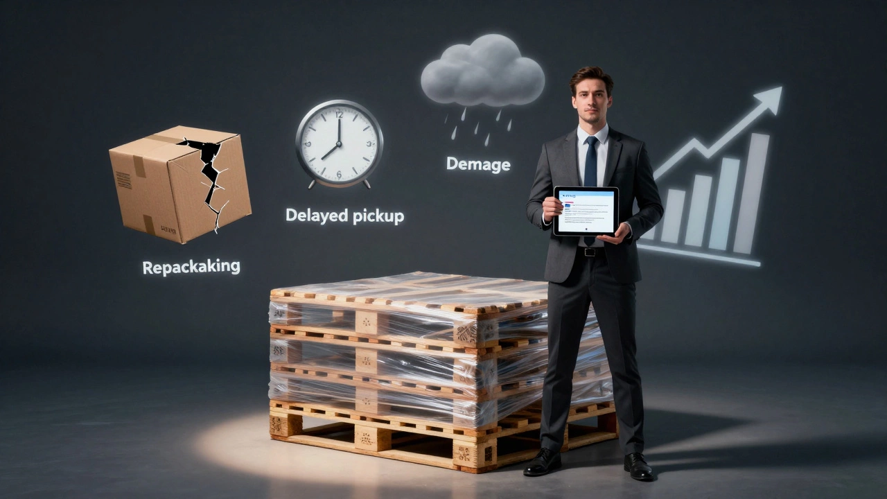 Business owner beside a properly wrapped pallet, with floating icons representing hidden shipping fees.