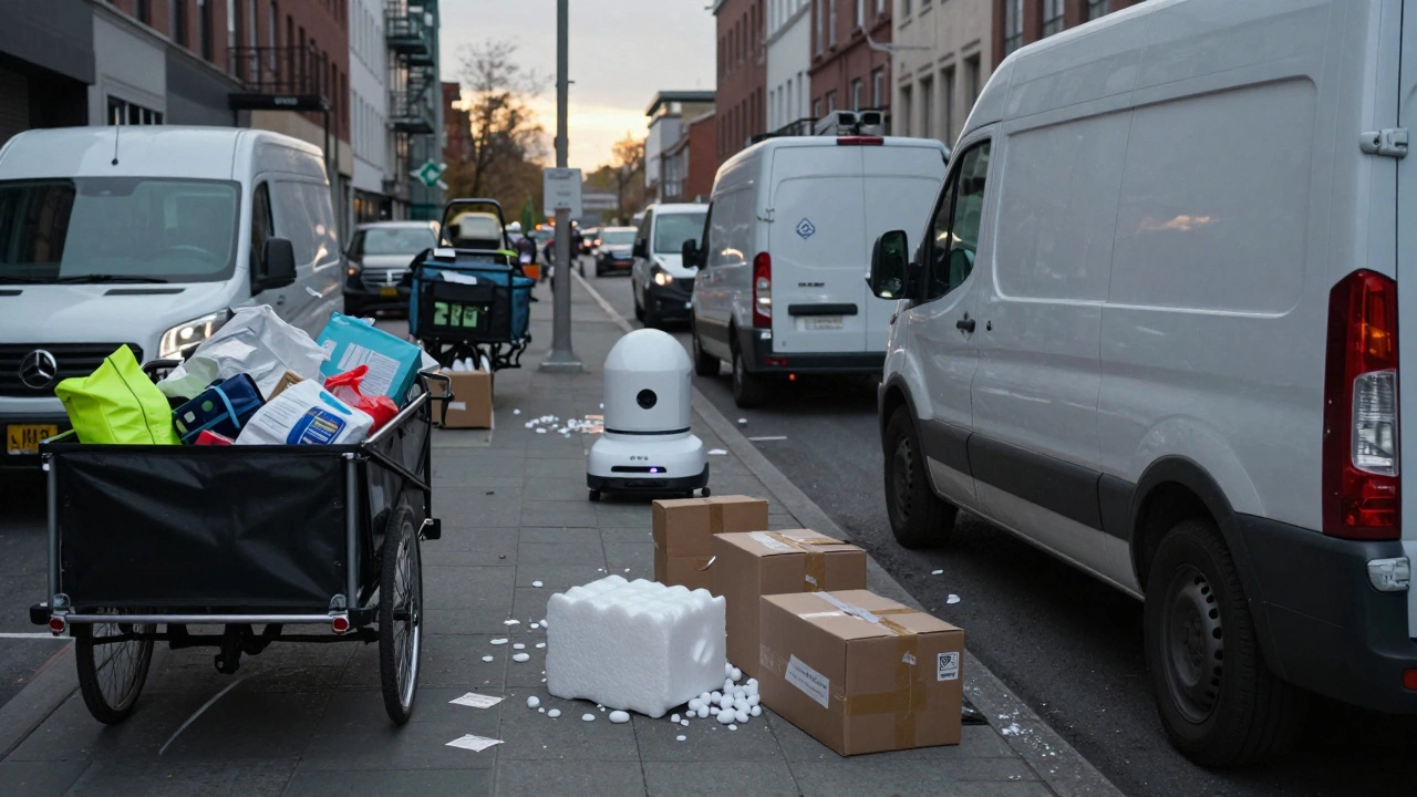 City street littered with delivery vans and discarded e-commerce packaging at dawn.