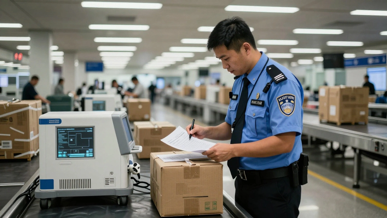 Customs officer examines medical package at airport conveyor belt