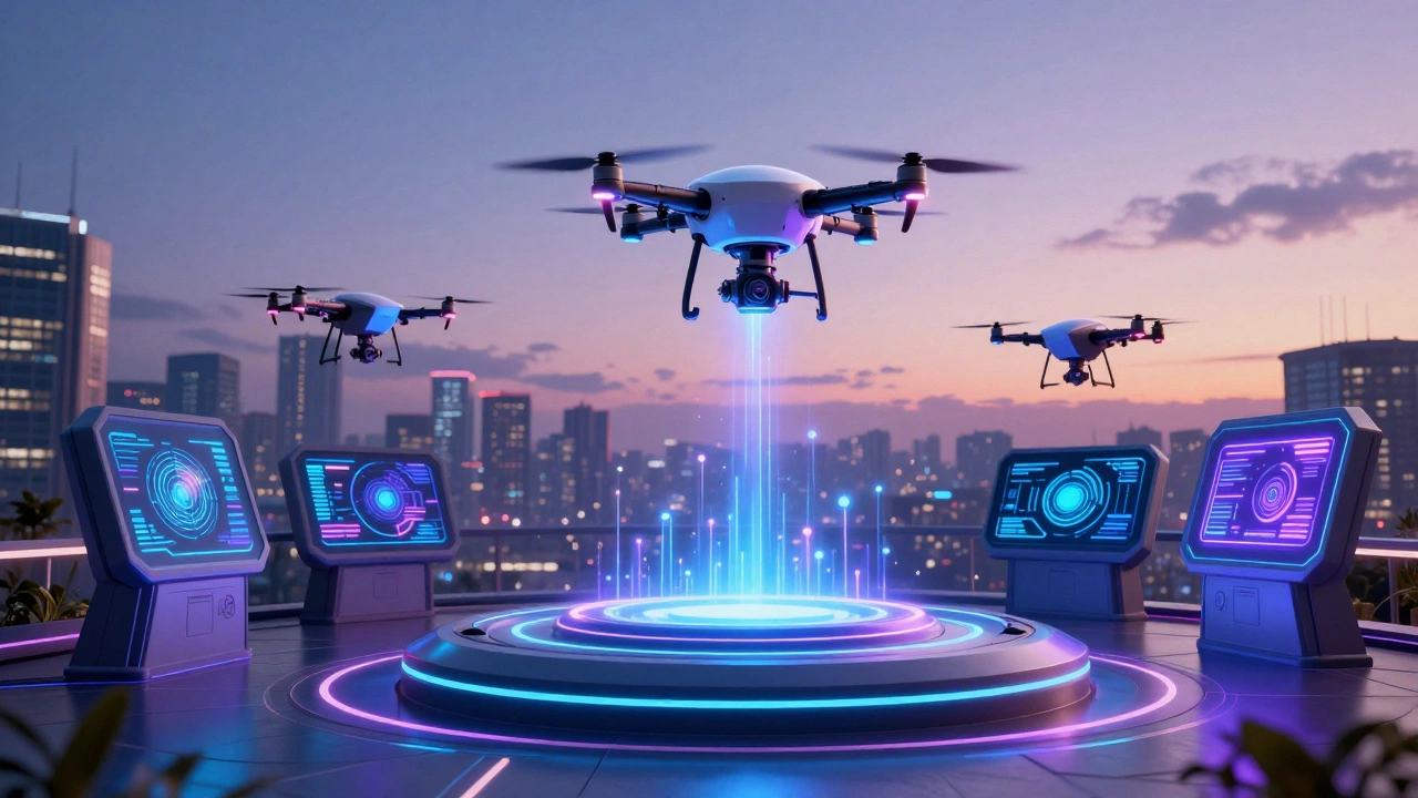 Futuristic drone hub with drones ascending over neon-lit city