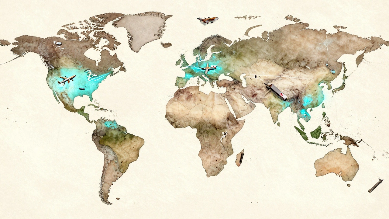 Global map showing DHL's international shipping routes across Africa and Asia compared to UPS and FedEx.