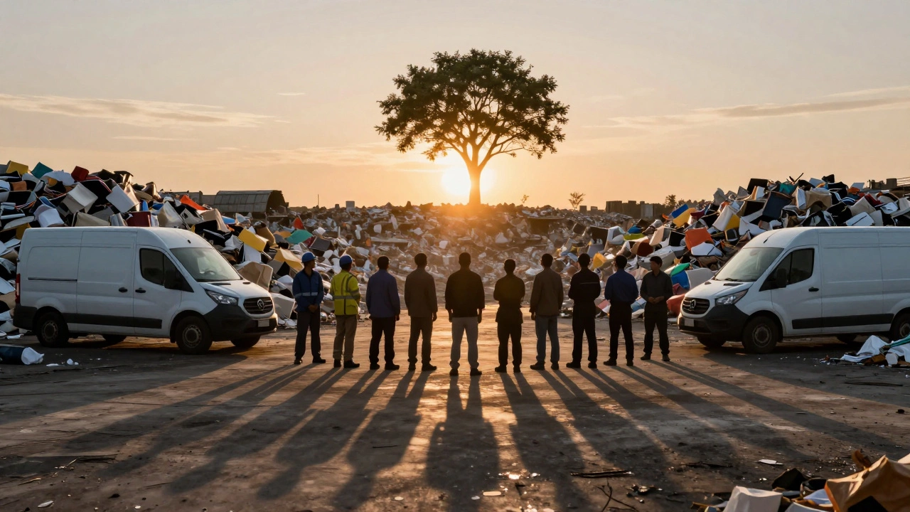 Silhouetted workers and drivers facing a massive landfill of packaging waste, with a single electric van and tree in the distance.