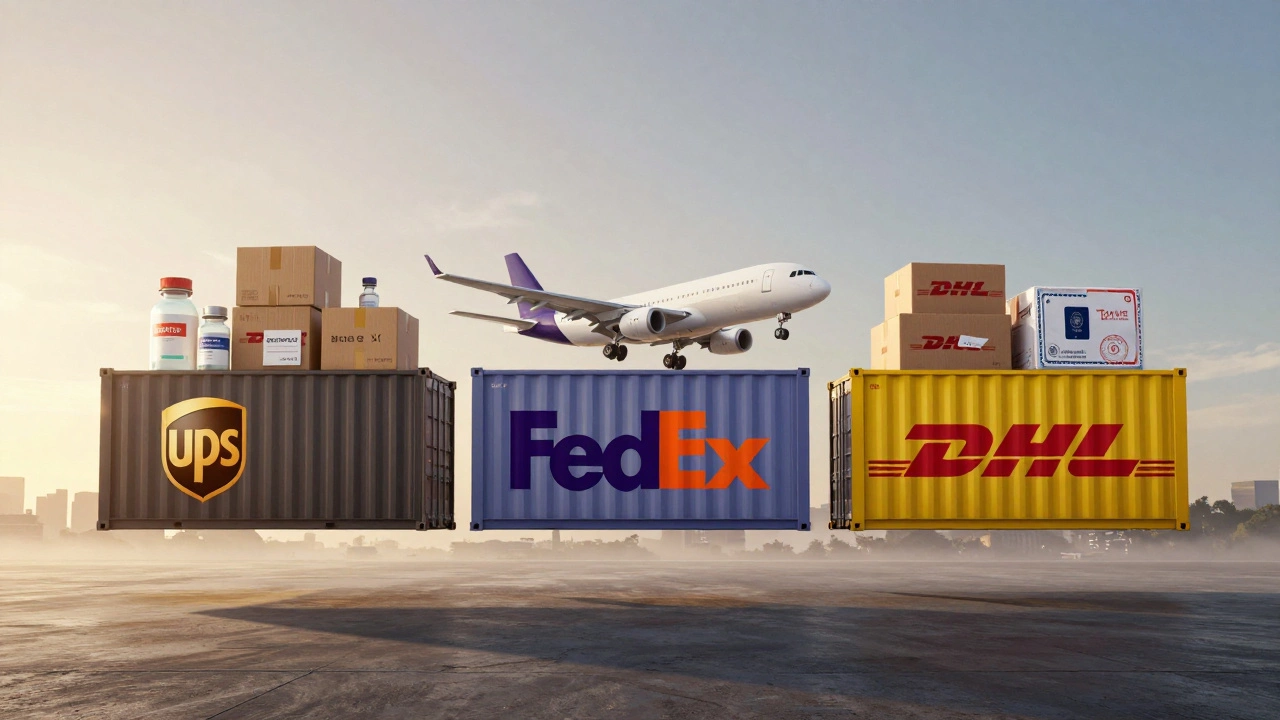 Three giant logistics containers symbolizing UPS, FedEx, and DHL with their signature cargo under sunrise.