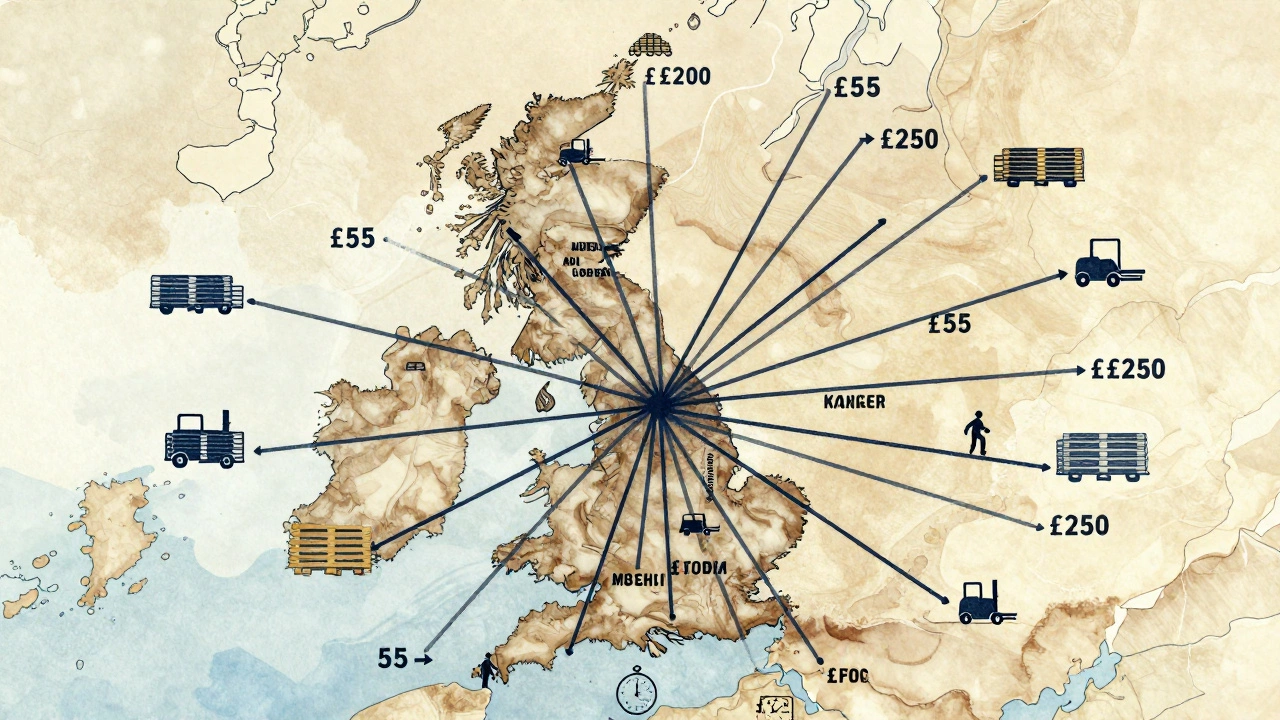 UK map with colored route lines and price tags showing how pallet shipping costs increase with distance.
