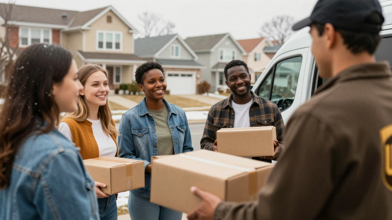 A UPS driver handing a package to a smiling family in a suburban neighborhood.
