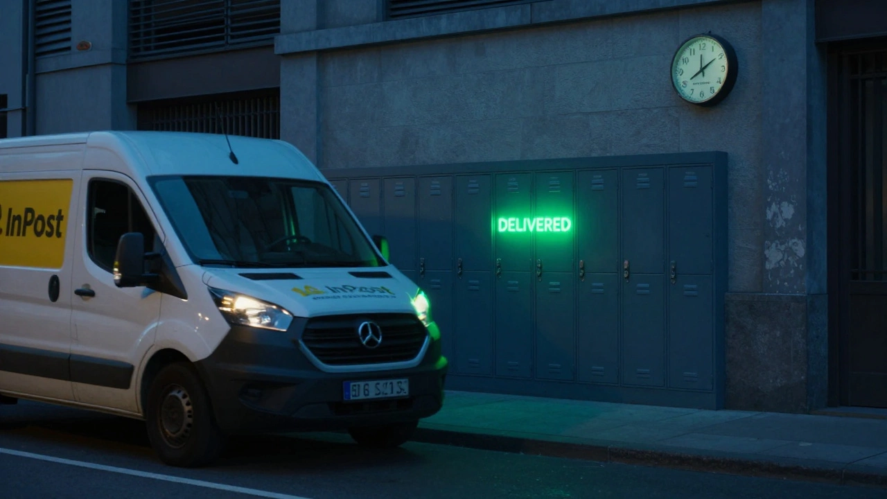 An InPost delivery van on a quiet street at night, with a locker glowing green after Sunday delivery.