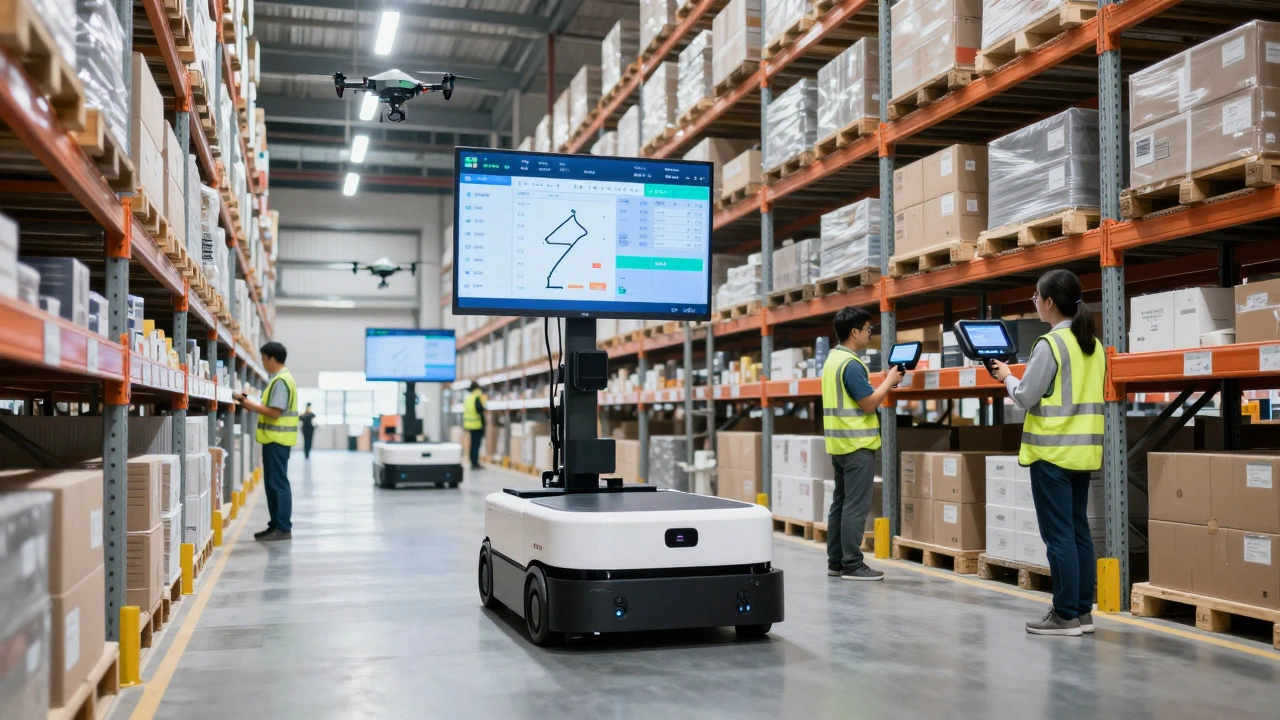 Autonomous vehicles and workers in a high-tech warehouse using scanners and digital screens to manage inventory efficiently.