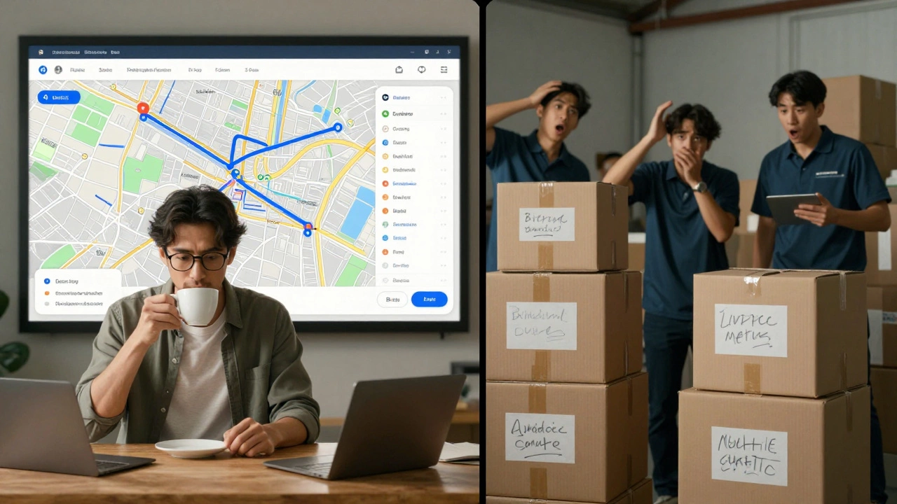 Contrasting scene of calm automated logistics versus chaotic manual order fulfillment in a small business.