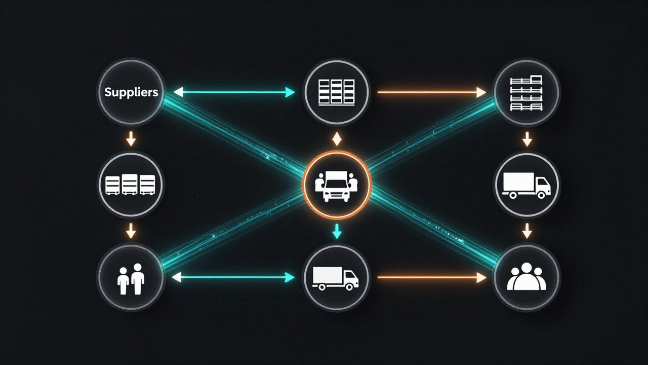 Glowing network of supply chain nodes connecting suppliers, warehouses, trucks, and customers with data streams.