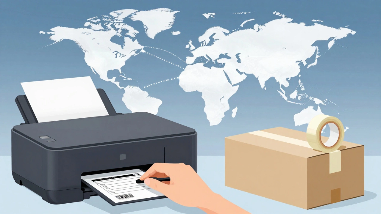 Hand printing a shipping label next to a sealed box, with a faint world map showing delivery routes.