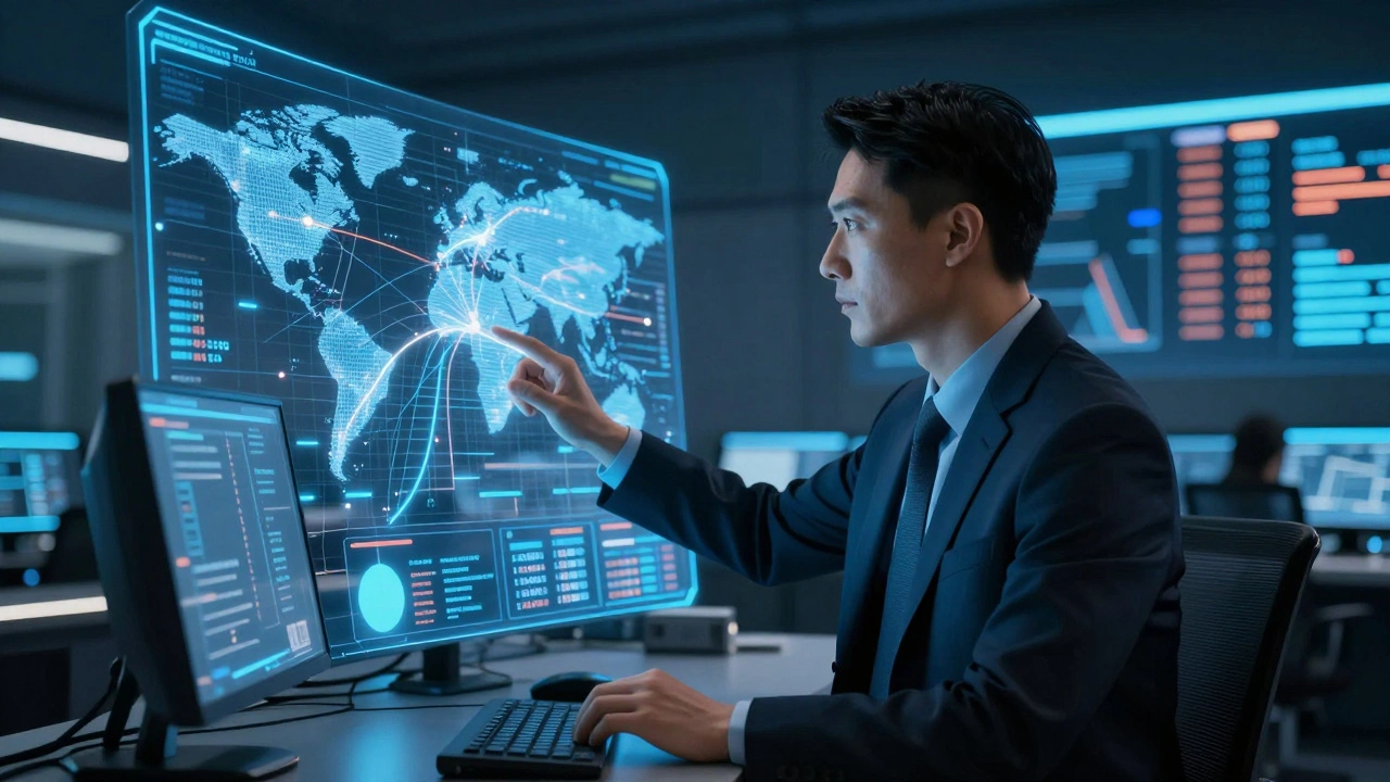 Manager reviewing holographic shipping data in a high-tech control room.